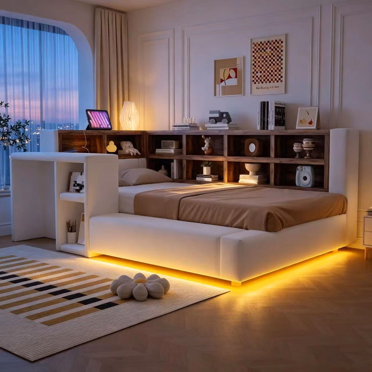Letto imbottito STILVORA, 90x200 cm, con spazio contenitivo a più livelli, letto singolo con illuminazione LED e prese di corrente integrate nella testata, letto con comodino integrato e schienale imbottito, completo di materasso