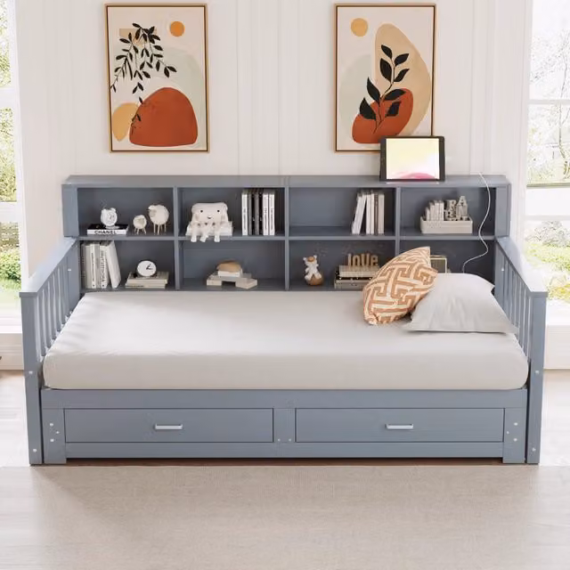 Letto estraibile moderno in legno grigio con ripiani, cassetti e rete, senza materasso, L/P/H: 190 x 90 x 57 cm