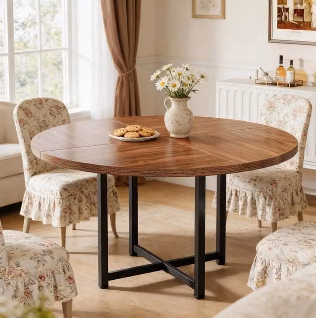 Tavolo da pranzo rotondo 120 cm in metallo e legno, nero e marrone