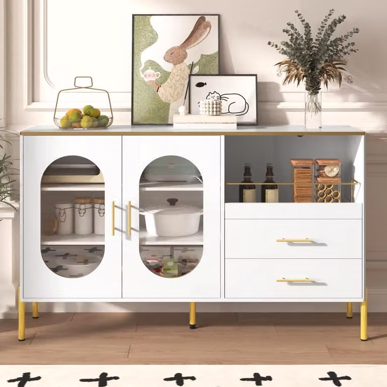Mobile contenitore con 2 cassetti e 2 ante in vetro, colore bianco e dettagli dorati, dimensioni 140x38x90 cm