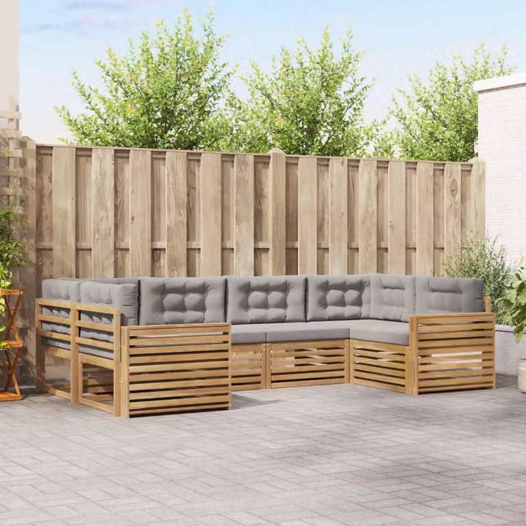 Set di divani da esterno vidaXL a forma di L composto da 6 pezzi in legno di acacia trattato, colore bianco e grigio con cuscini inclusi