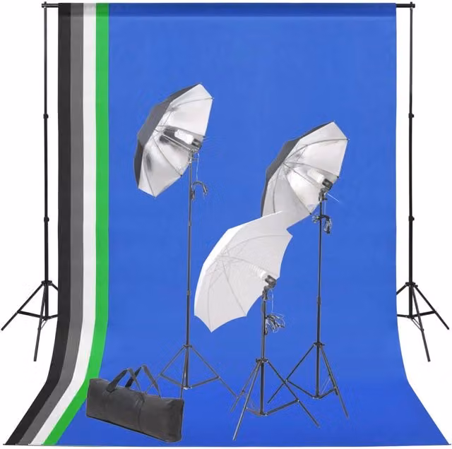 Kit professionale per studio fotografico con 5 fondali in tessuto e set di illuminazione regolabile con treppiedi in alluminio, colori nero, bianco e argento