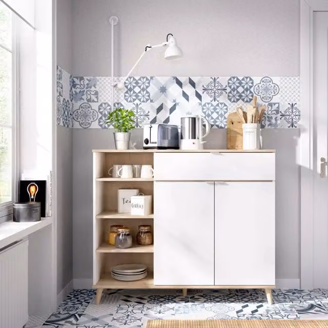 Credenza Aleandro DMORA, Madia moderna da soggiorno a 2 ante, Bianco e Rovere, L: 120 cm, P: 40 cm, H: 102 cm – 1