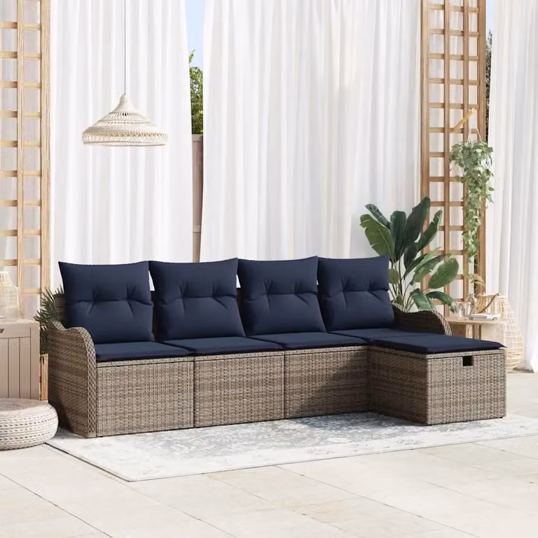 Set Divano da Giardino vidaXL 5 Pezzi a Forma di L con Cuscini Grigio e Blu Navy