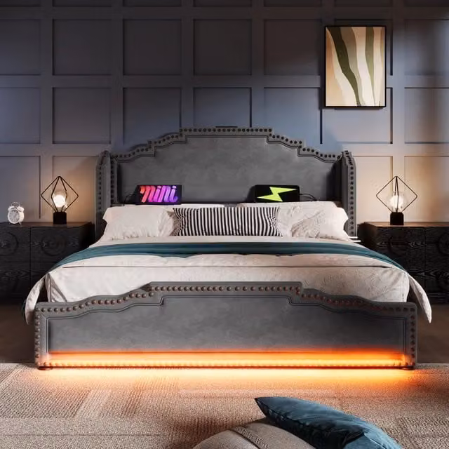 Letto matrimoniale moderno WISHDOR in velluto grigio con 4 cassetti, illuminazione LED e porte USB e Type-C, L/P/H: 180 x 200 x 120 cm – 1