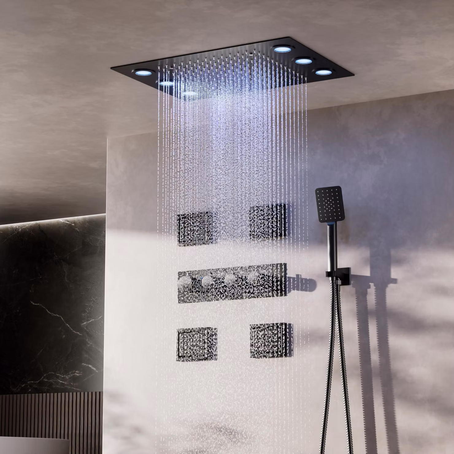 Set doccia termostatico, nero, con illuminazione LED a colori, soffione a pioggia e doccetta