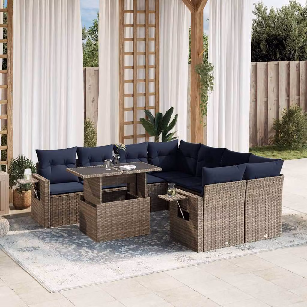 Set Divani da Giardino vidaXL 9 pz a Forma a L con Tavolino in Polyrattan e Cuscini Blu e Grigio