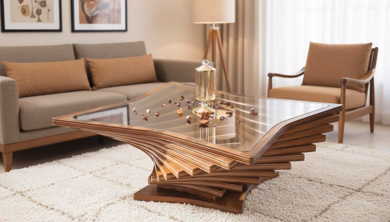 Tavolino moderno in legno, colore marrone, comodo, pratico ed elegante, ideale per il soggiorno