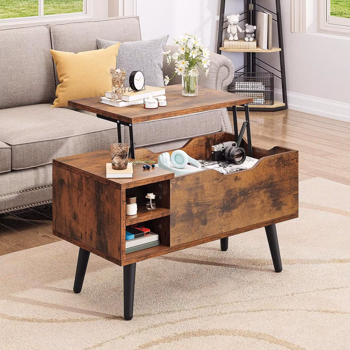 Tavolino da salotto con piano sollevabile - 80 x 40 x 61,5 cm - Vano nascosto - Marrone rustico