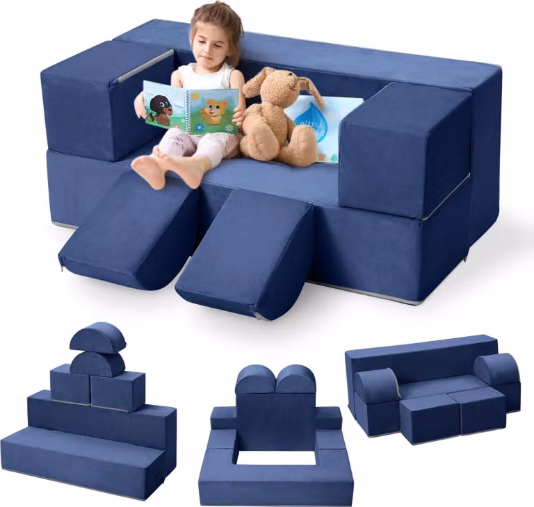 Divano modulare per bambini - Set di 6 divani giocattolo - Trasformabile in materasso e tana - Cuscini in schiuma - Per sala giochi e cameretta - Marrone