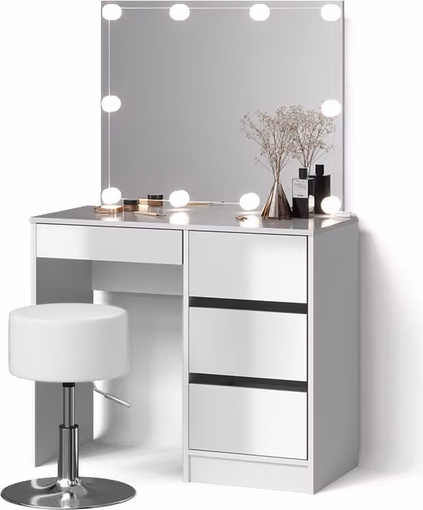 Tavolo da toeletta Livinity Imola Bianco con specchio, catena luminosa LED e sgabello, Model 52400