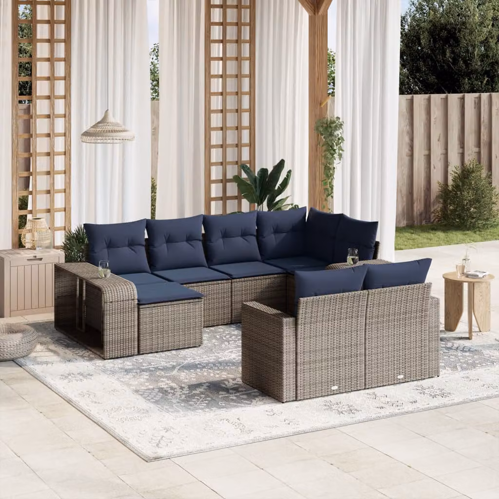Set di divani da giardino vidaXL 10 pezzi a forma di U con cuscini grigi e blu in rattan e metallo