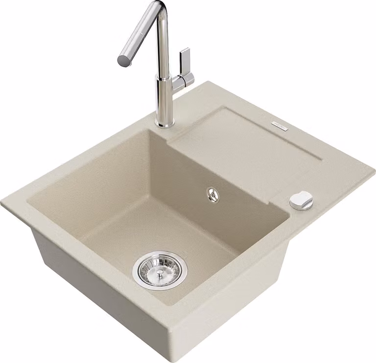Mexen Enzo lavello da cucina in granito a 1 vasca con sgocciolatoio e rubinetto da cucina Flora, beige - 6506-69-670401-00