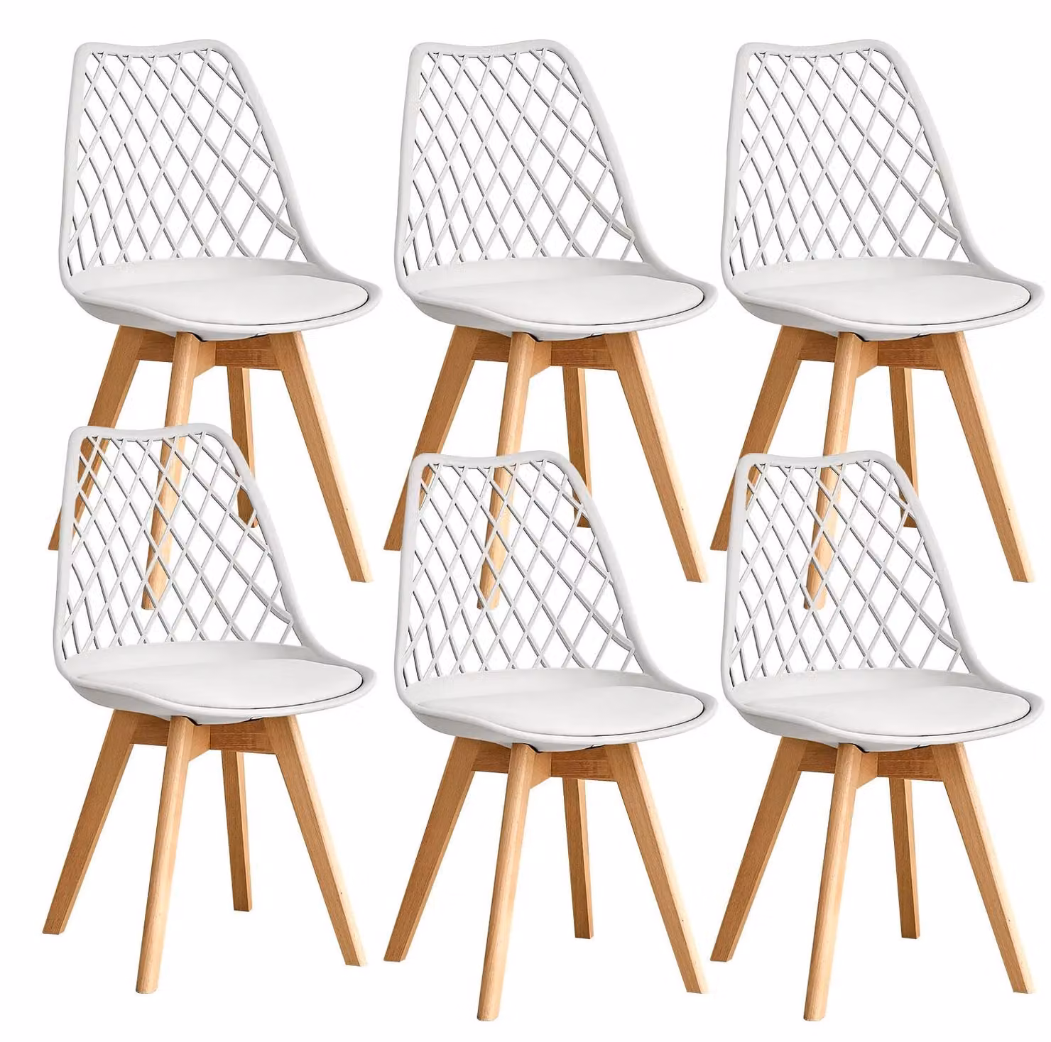 Sedie da pranzo - Set di sedie da pranzo - 6 sedie - Seduta in plastica - Gambe in legno - Schienale in rete - Stile minimalista e moderno - Bianco