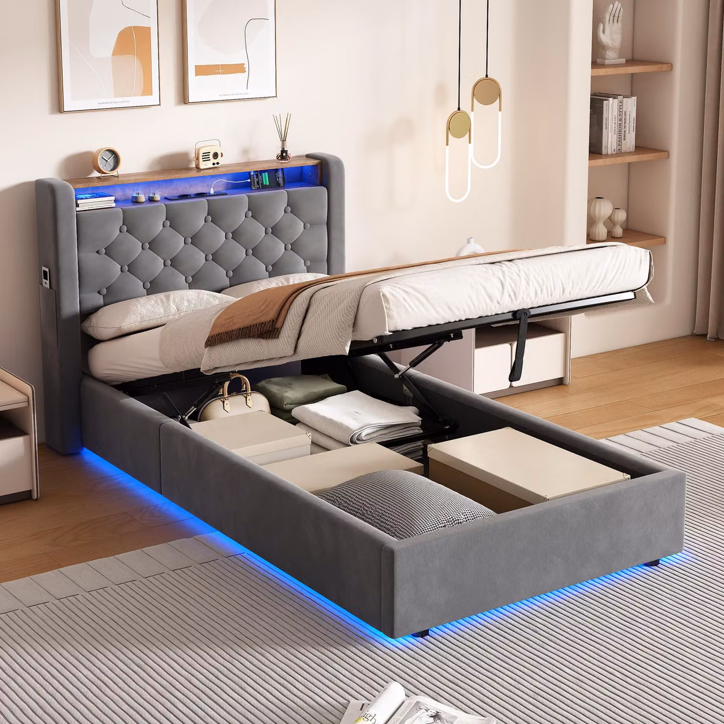 MODFU Letto imbottito 90 x 200 con contenitore, letto per ragazzi con testiera dotata di ripiani, illuminazione a LED e presa di corrente, materasso escluso, grigio scuro
