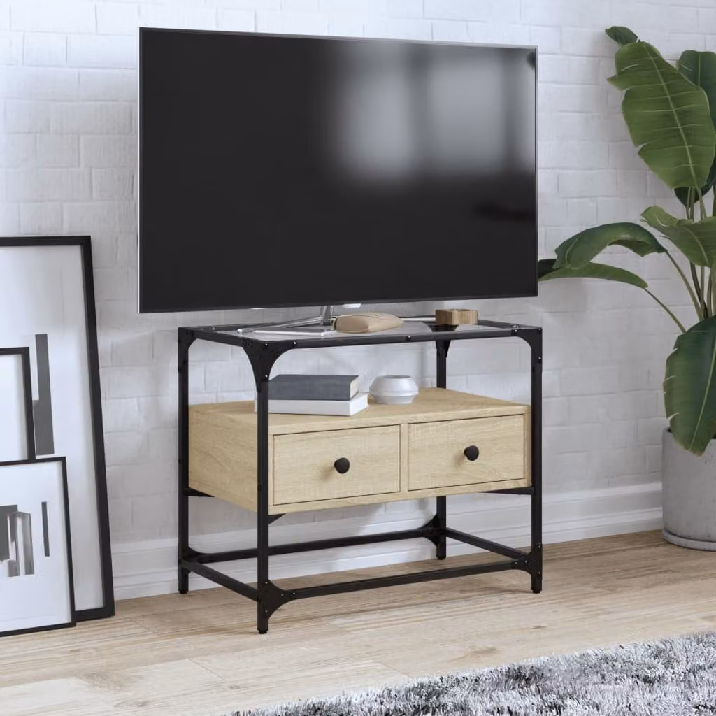 Mobile TV vidaXL in stile industriale con piano in vetro e finitura rovere sonoma, L 60 cm x P 35 cm x H 51 cm