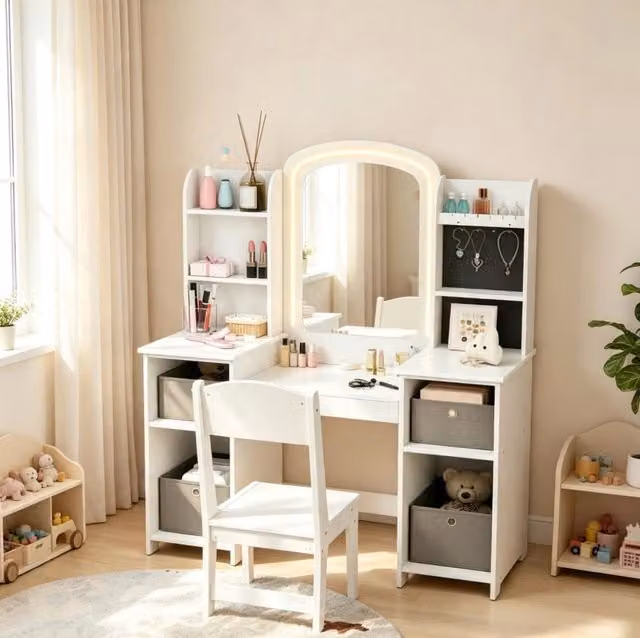 Toeletta da trucco per bambini con specchio LED e sgabello; 104x40x112 cm; bianca in MDF