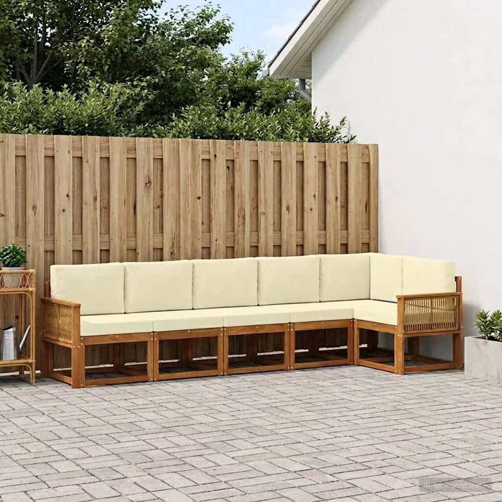 Set di divani da esterno vidaXL a forma di L composto da 6 pezzi in legno di acacia con cuscini beige e bianco