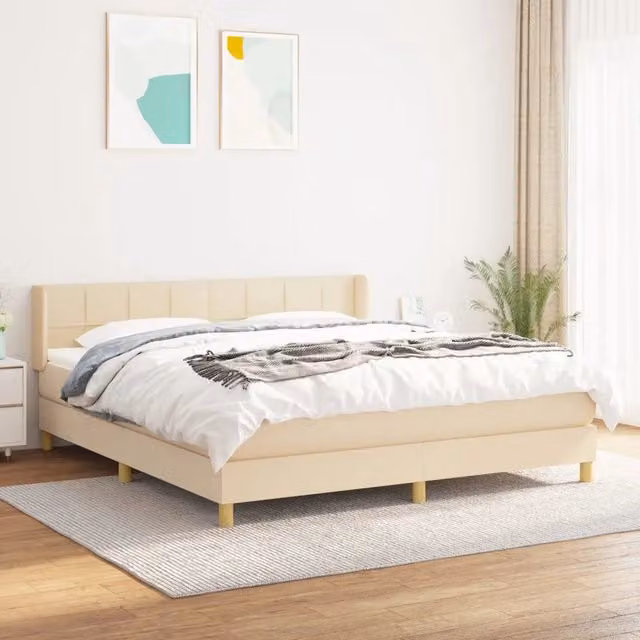 Letto Ibrido vidaXL con Giroletto a Molle e Materasso in Tessuto Beige e Bianco L/P/H: 160 x 200 x 88 cm