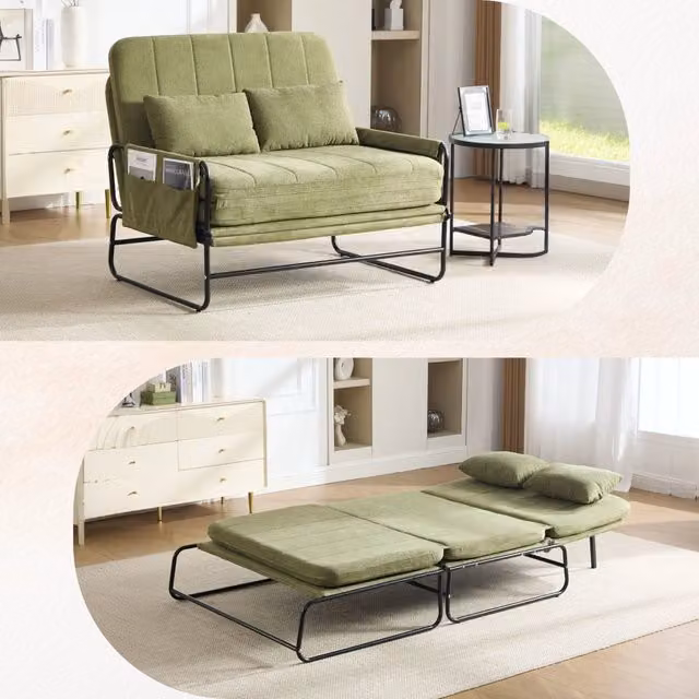 Divano letto 2 posti trasformabile; divano in ciniglia verde con struttura in metallo; 104x85x92 cm