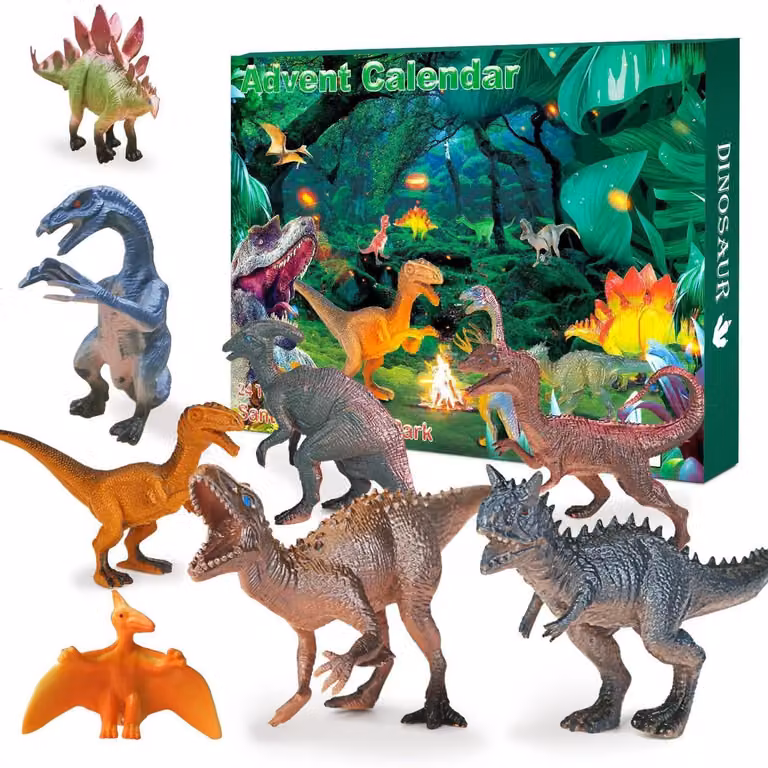 Calendario dell'Avvento a tema dinosauri, 2026, per bambini, con 24 giorni di conto alla rovescia, 24 dinosauri, stile verde