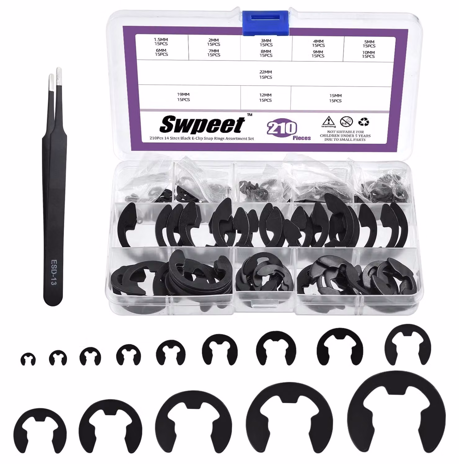 Set di clip E-Clip, 210 pezzi, Acciaio al carbonio, dimensioni M1,5–M15, con pinzette