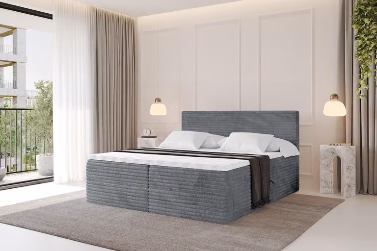Letto boxspring ALTDECOR - TOLO-v1 160x200 in velluto a coste - Grigio scuro - Set completo con materasso a molle insacchettate e topper, letto imbottito con materasso H4, cassetti, rete a doghe, letto con contenitore, letto matrimoniale, letto a cassetto