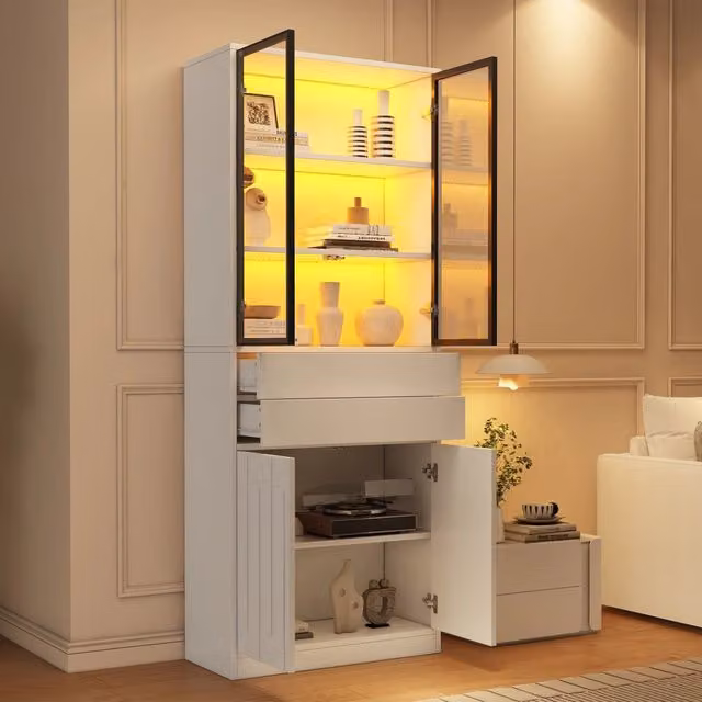Desviae Vetrina alta con LED Bluetooth e 2 cassetti in truciolare bianco opaco per soggiorno e studio 70 × 34 × 180 cm