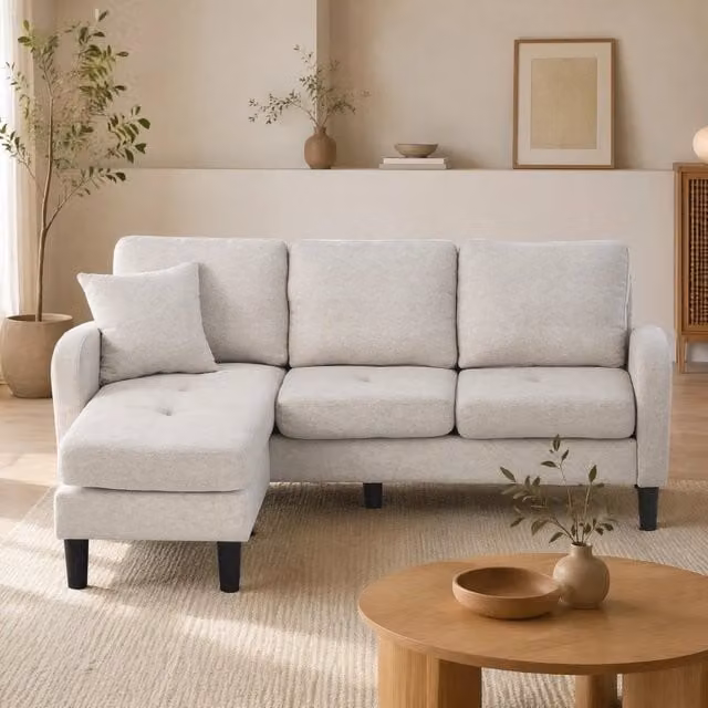 Divano angolare modulare con chaise longue, 166x118x77 cm, beige grigio e bianco