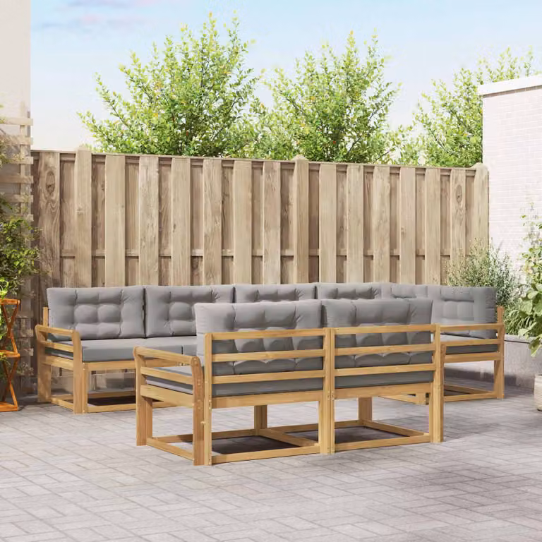 vidaXL Set di divani da esterno a L composto da 6 pezzi in legno di acacia con cuscini bianchi e grigi