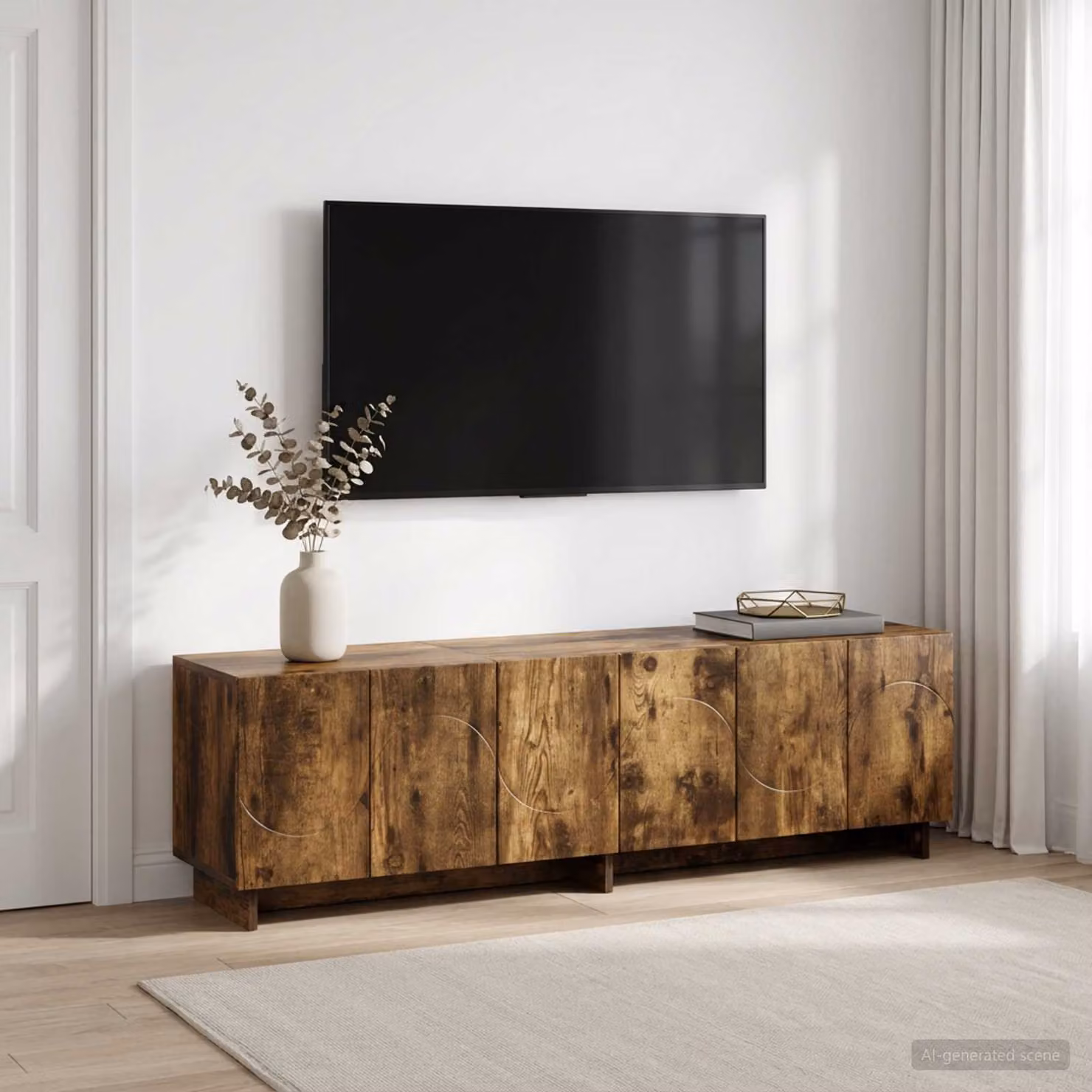 Supporto TV moderno vidaXL in legno ingegnerizzato color rovere fumo, L 140 cm x P 34.5 cm x H 40 cm