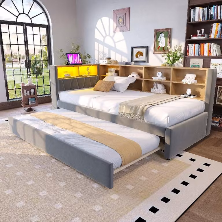 Divano letto 90x200 cm con letto estraibile 90x190 cm, dotato di illuminazione LED, porta USB di tipo C e presa di corrente, rivestito in flanella color grigio scuro e con vani portaoggetti