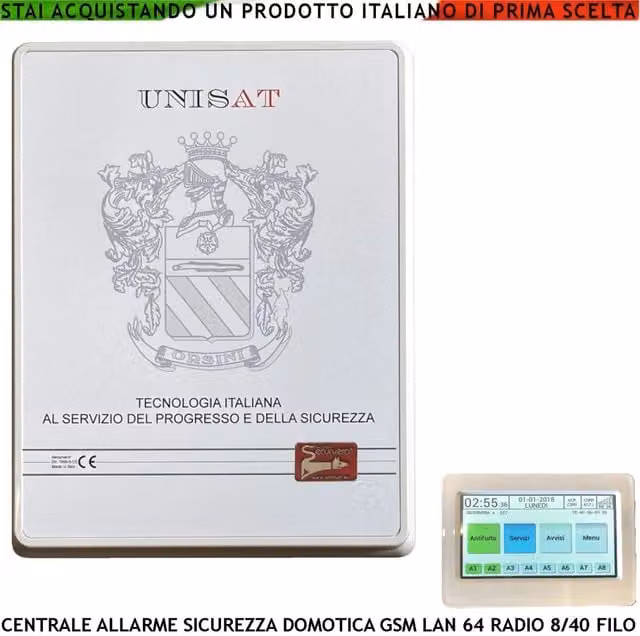 Centrale Impianto Antifurto Unisat con 64 Zone Radio e 8 Filo, Gestione tramite APP, RFID e GSM/GPRS, Colore Bianco