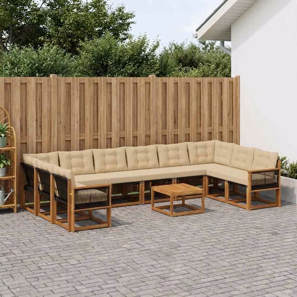 Set di divani da esterno vidaXL 11 pezzi in legno di acacia e textilene, colore marrone e beige, con forma a L, tavolo da caffè e cuscini inclusi