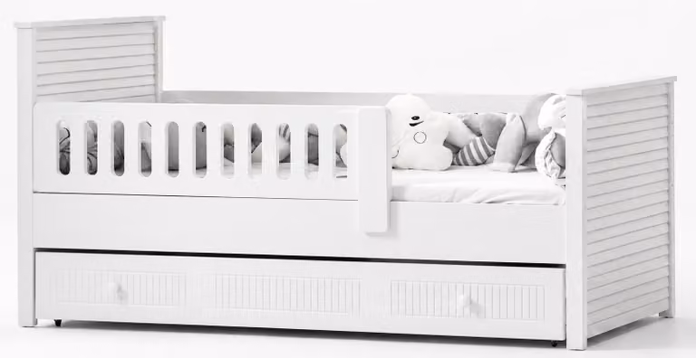 Letto moderno per bambini, bianco, con cassetto e protezioni laterali robuste