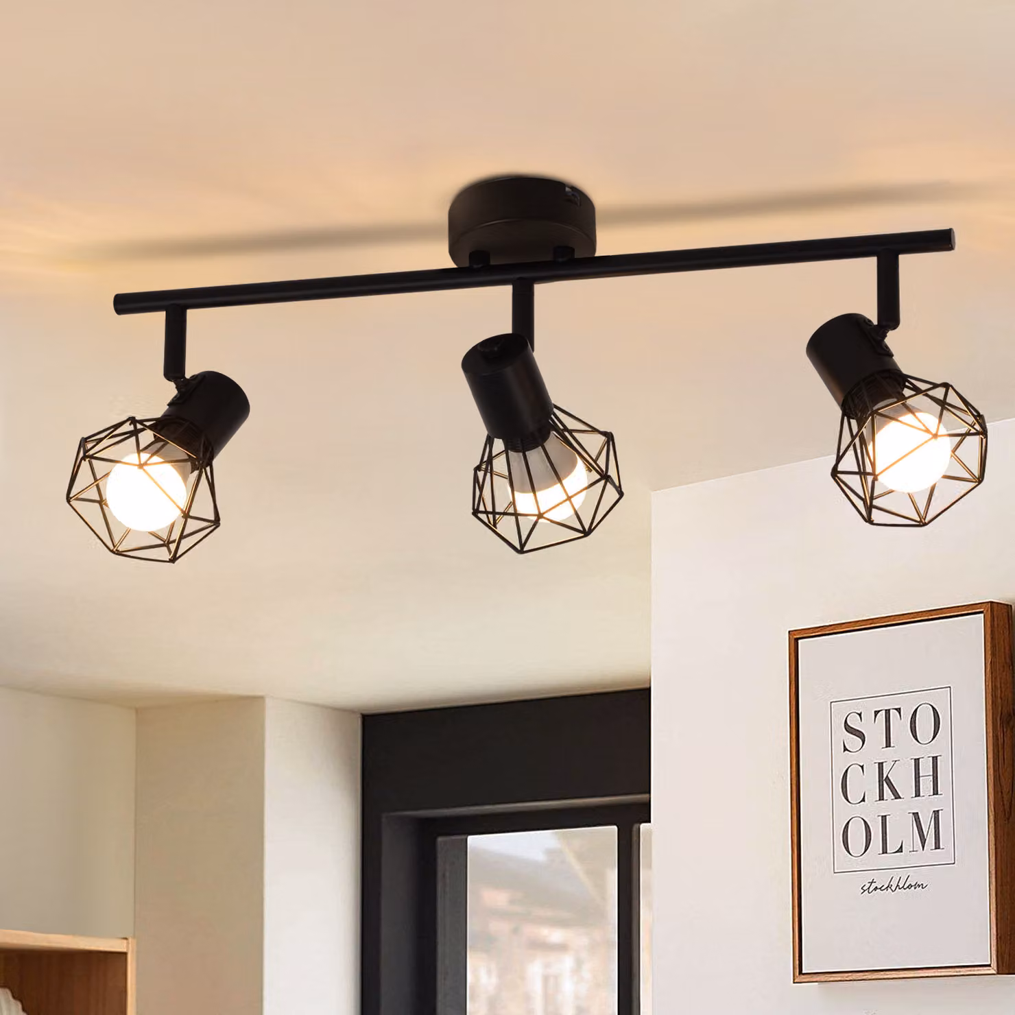 ZMH Lampada da soffitto a LED a 3 luci, nera, E14, stile industriale, orientabile a 350°, lampada da cucina, lampada per soggiorno, senza lampadina