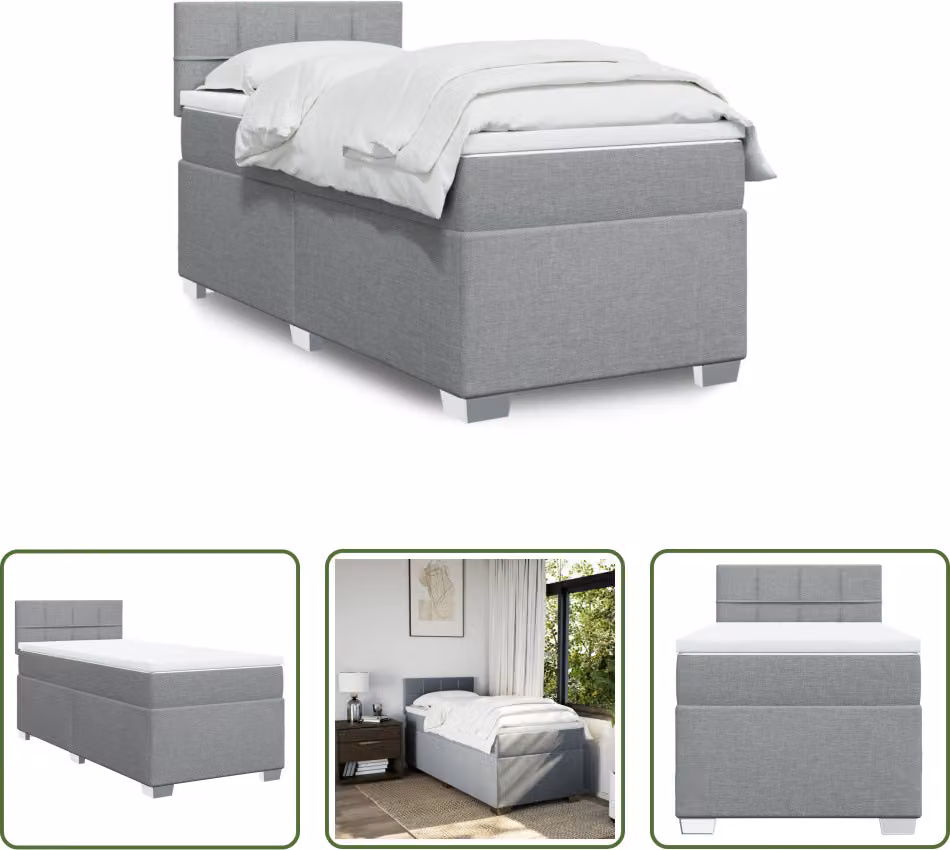 The Living Store Letto a molle con materasso grigio chiaro 90x200 cm in tessuto