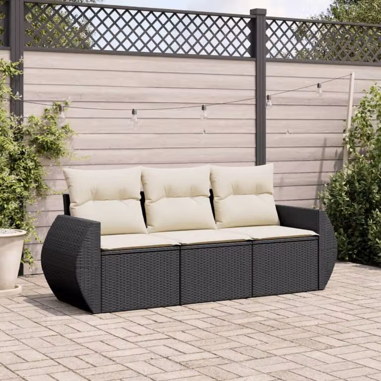 Set di Divani da Giardino vidaXL 3 Pezzi con Cuscini in Polyrattan e Struttura in Acciaio Nero