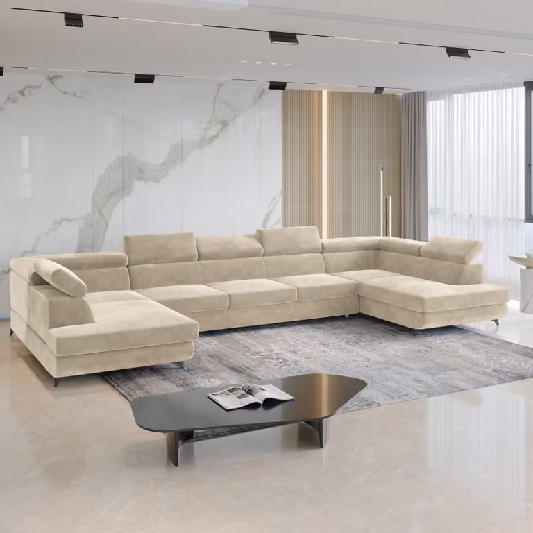 Divano angolare URMANO di Masseno con funzione letto a U, divano con box letto, divano da soggiorno, divano, divano letto, set di divani - crema, MONOLITH 04