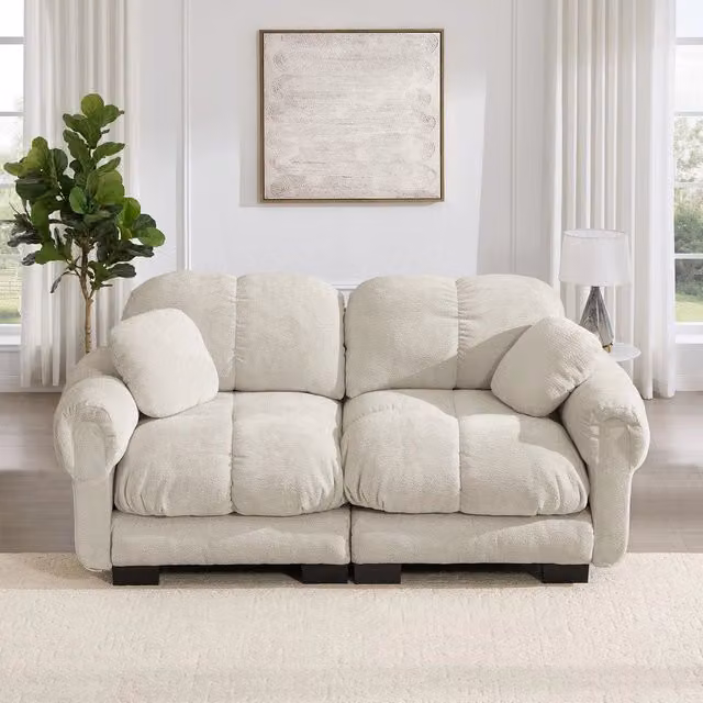 Divano 2 posti ¨C Minimal ¨C tessuto chenille trapuntato cuscini imbottito colore beige chiaro