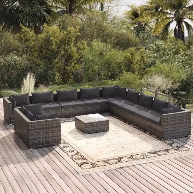 Set di Divani da Giardino a L con Tavolino vidaXL, Colore Antracite, con Cuscini Inclusi e Struttura in Metallo e Polyrattan