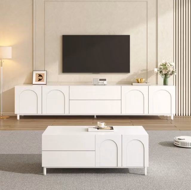 Set mobili soggiorno con mobile TV e tavolino bianco con ante ad arco, struttura in truciolato e MDF, piedi in tubolare d'acciaio