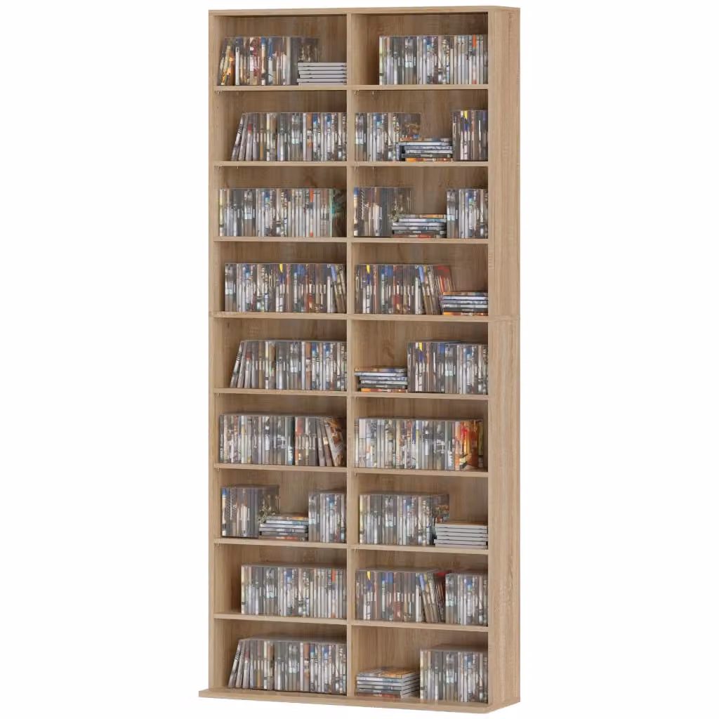 Libreria porta CD DVD e Blu-ray XYLO in legno naturale marrone con 18 scomparti e ripiani regolabili, L: 78,5 cm, P: 24 cm, H: 175 cm – 2