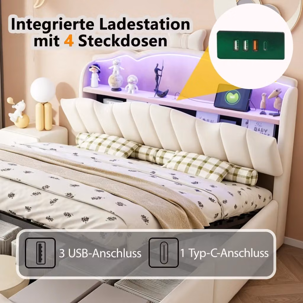 Letto imbottito per bambini con contenitore idraulico, luci LED e porta USB-C, in velluto beige, L/P: 140 x 200 cm – 2