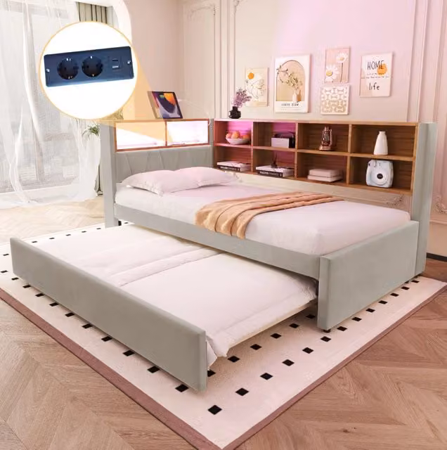 Letto da giorno ULEVR 90x200 cm con letto estraibile 90x190 cm, LED, USB, Type-C e vani portaoggetti, grigio chiaro