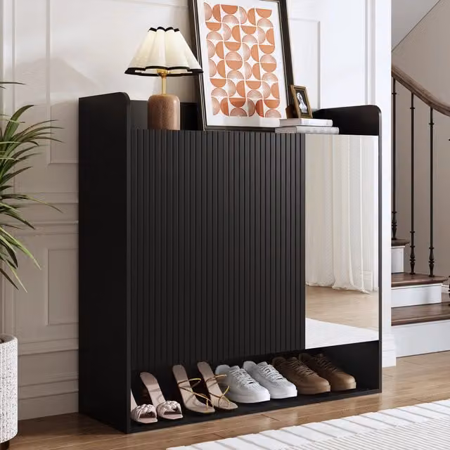 Scarpiera nera da ingresso; 110x35;5x110 cm; con specchio a figura intera e 3 ante; MDF