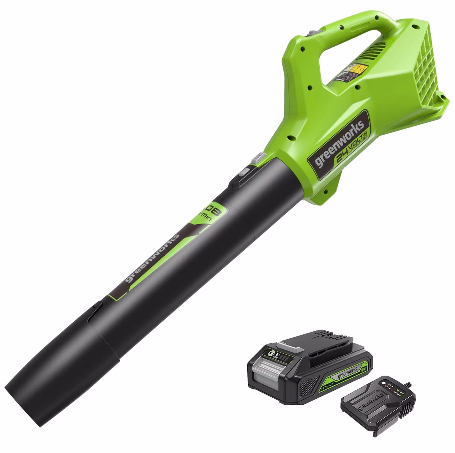 Ventilatore a batteria Greenworks G24ABIIK2, tecnologia assiale, velocità fino a 145 km/h, portata d'aria di 9,08 m³/min, batteria da 24V e caricabatterie inclusi