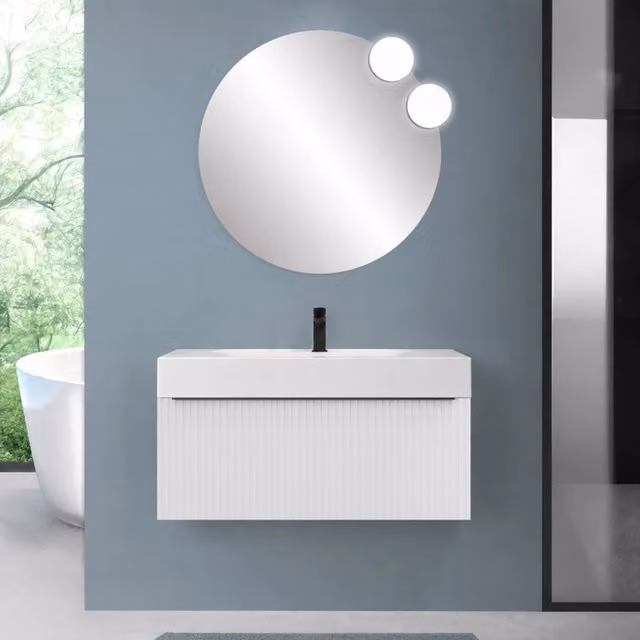 Mobile bagno sospeso 100 cm bianco opaco con un cassetto e lavabo alto in resina Nara