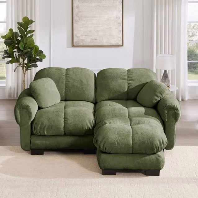 Divano modulare angolare a L 2 posti con pouf mobile 190x149x90 cm in chenille verde