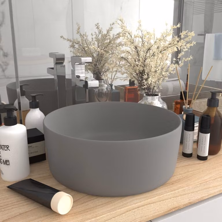 The Living Store Lussuoso lavabo rotondo grigio chiaro opaco 40x15 cm in Vetroceramica